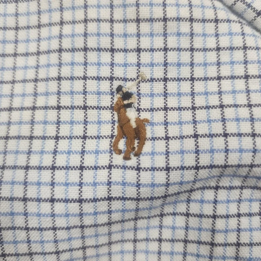 Ralph Lauren Shirt Boy Large 14-16 Blue Check Long Sleeve Button Down Flesh Pony